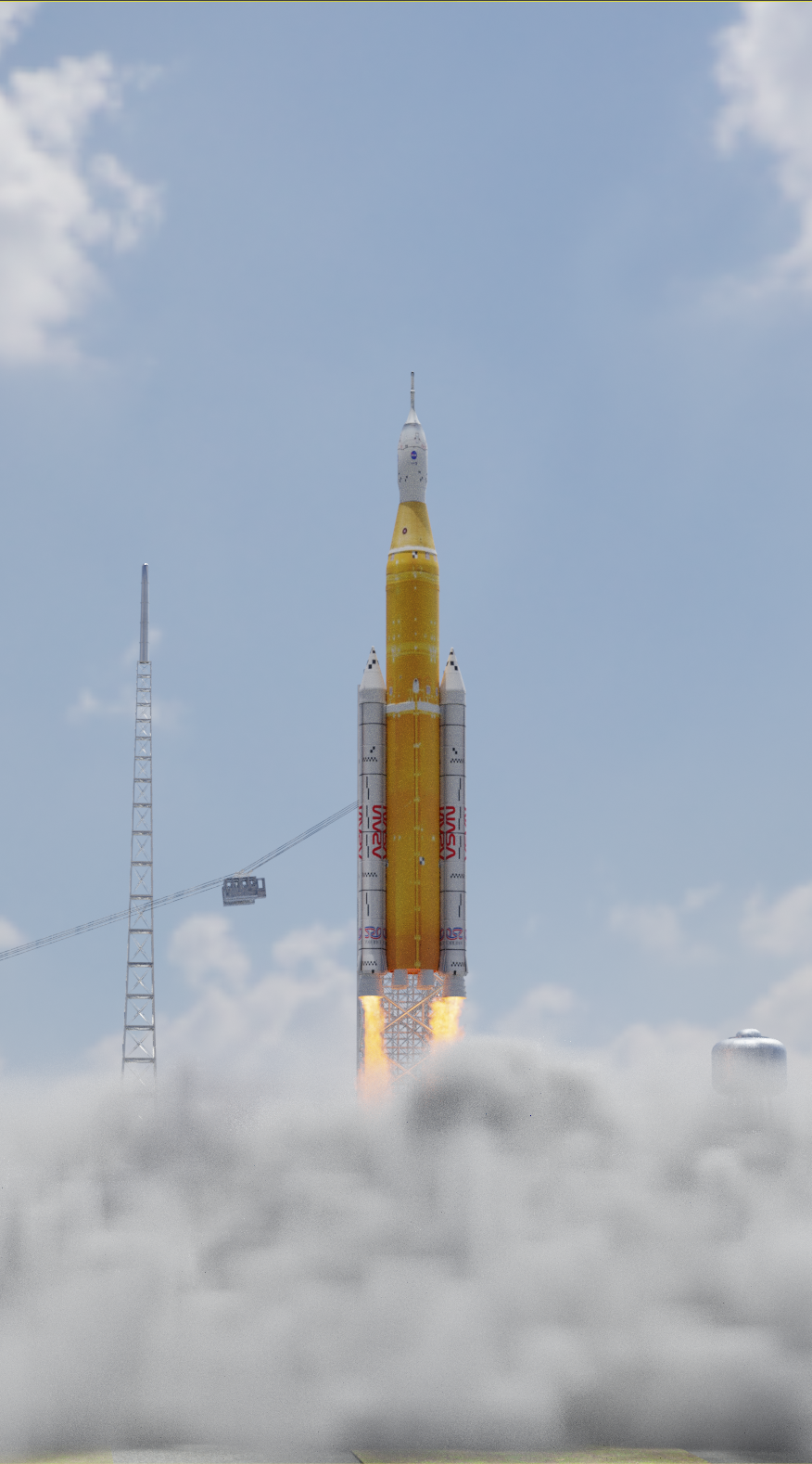 Rendered image of the SLS rocket on the launch pad, created in Blender